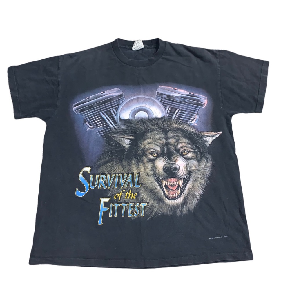 Vintage 90s Survival of the Fittest Biker Wolf Single Stitch Shirt CMJ